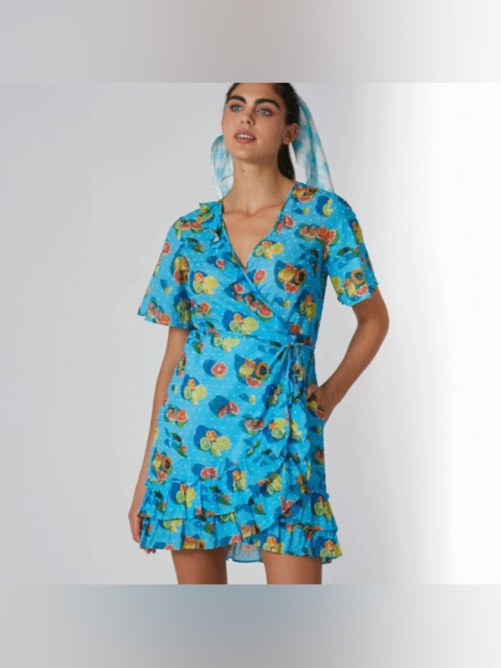 Rachel Antonoff Abby Wrap Dress Size Small Citrus Blue Fruit Ruffle 100% Cotton